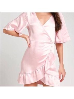 Lulu's Light Pink Satin Wrap Ruffle Mini Dress